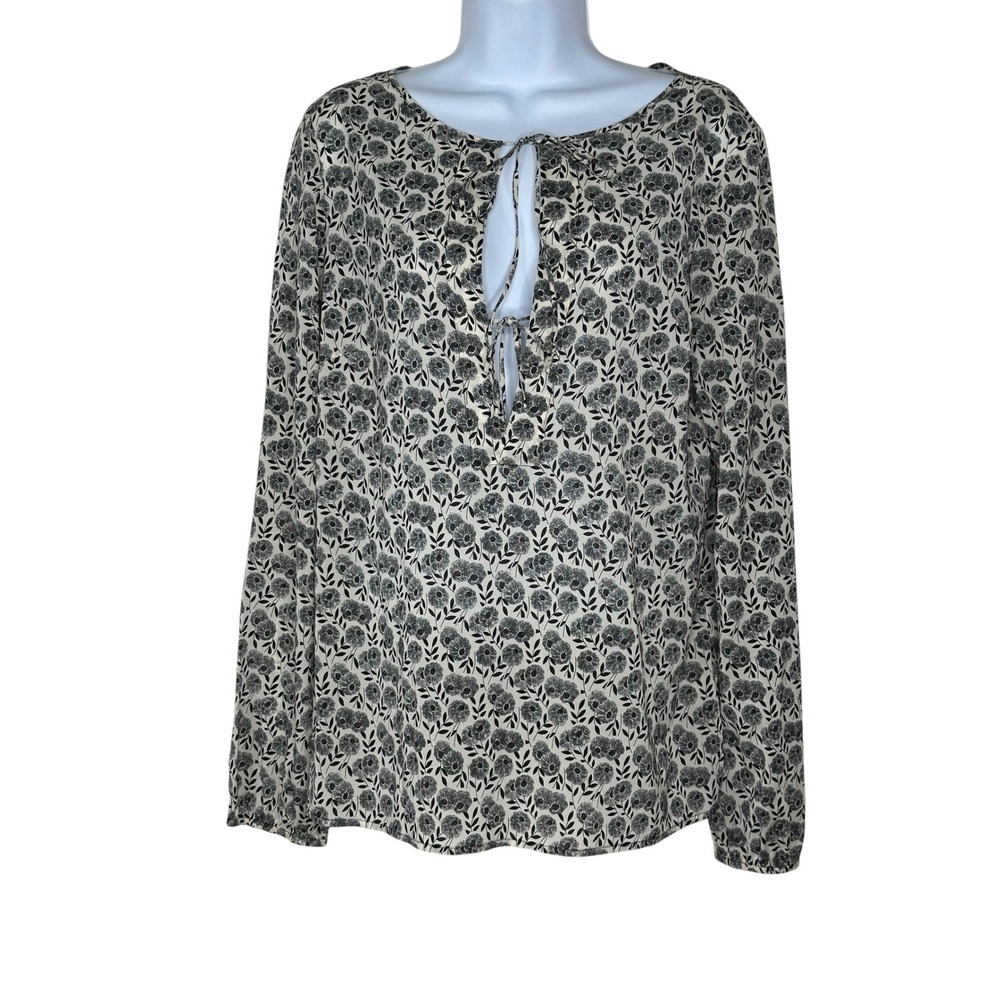Theory Giselle Silk Blouse Large Black White Floral Keyhole Tie Long Sleeve Top